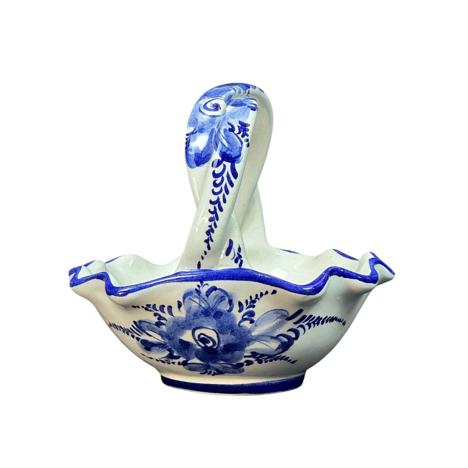Portugal Art Pottery Vintage Blue and White Basket-6"