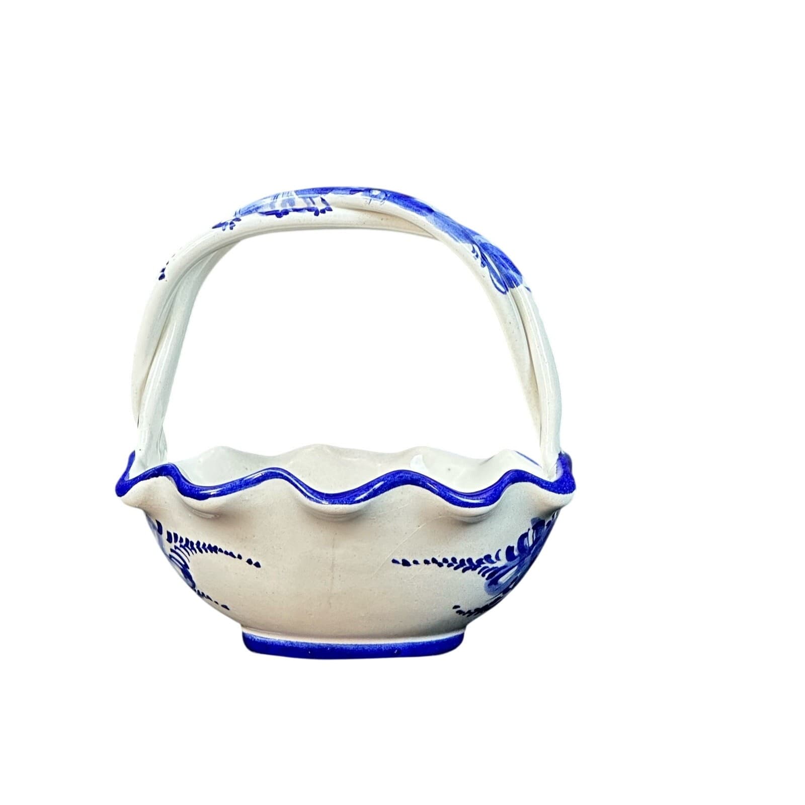 Portugal Art Pottery Vintage Blue and White Basket-6" - Thumbnail 4