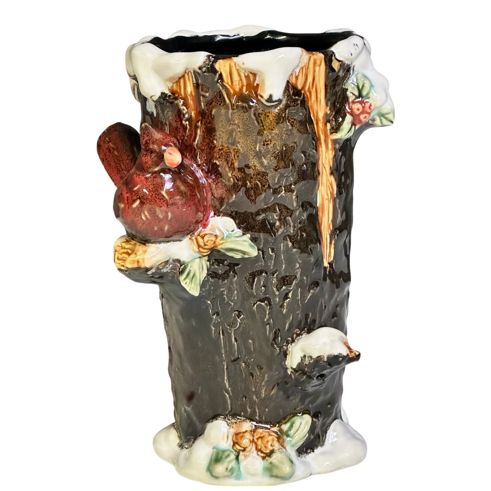 Christmas Tree Stump Ceramic 8" Vase Featuring Cardinals Berries Pinecones Snow