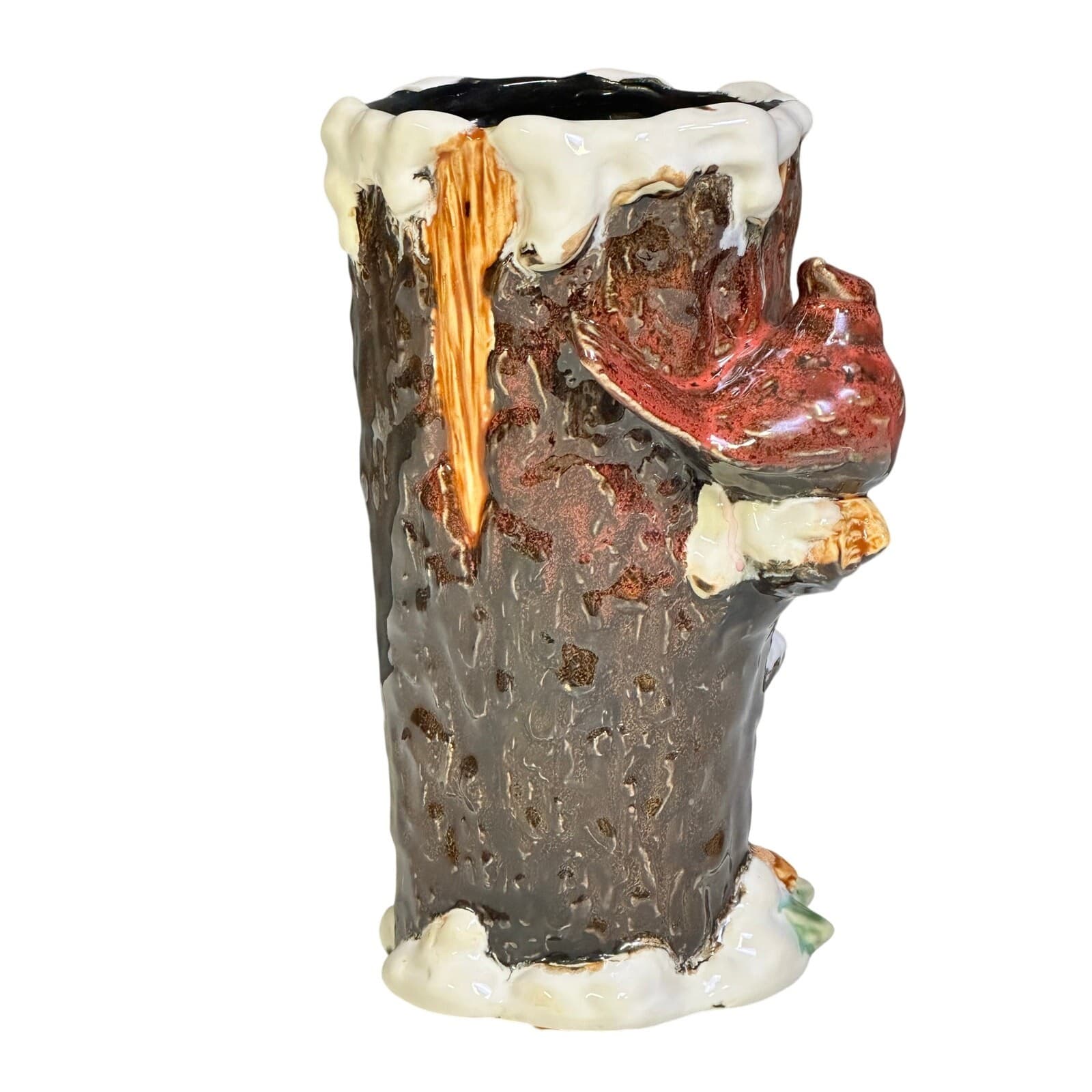 Christmas Tree Stump Ceramic 8" Vase Featuring Cardinals Berries Pinecones Snow - Thumbnail 4