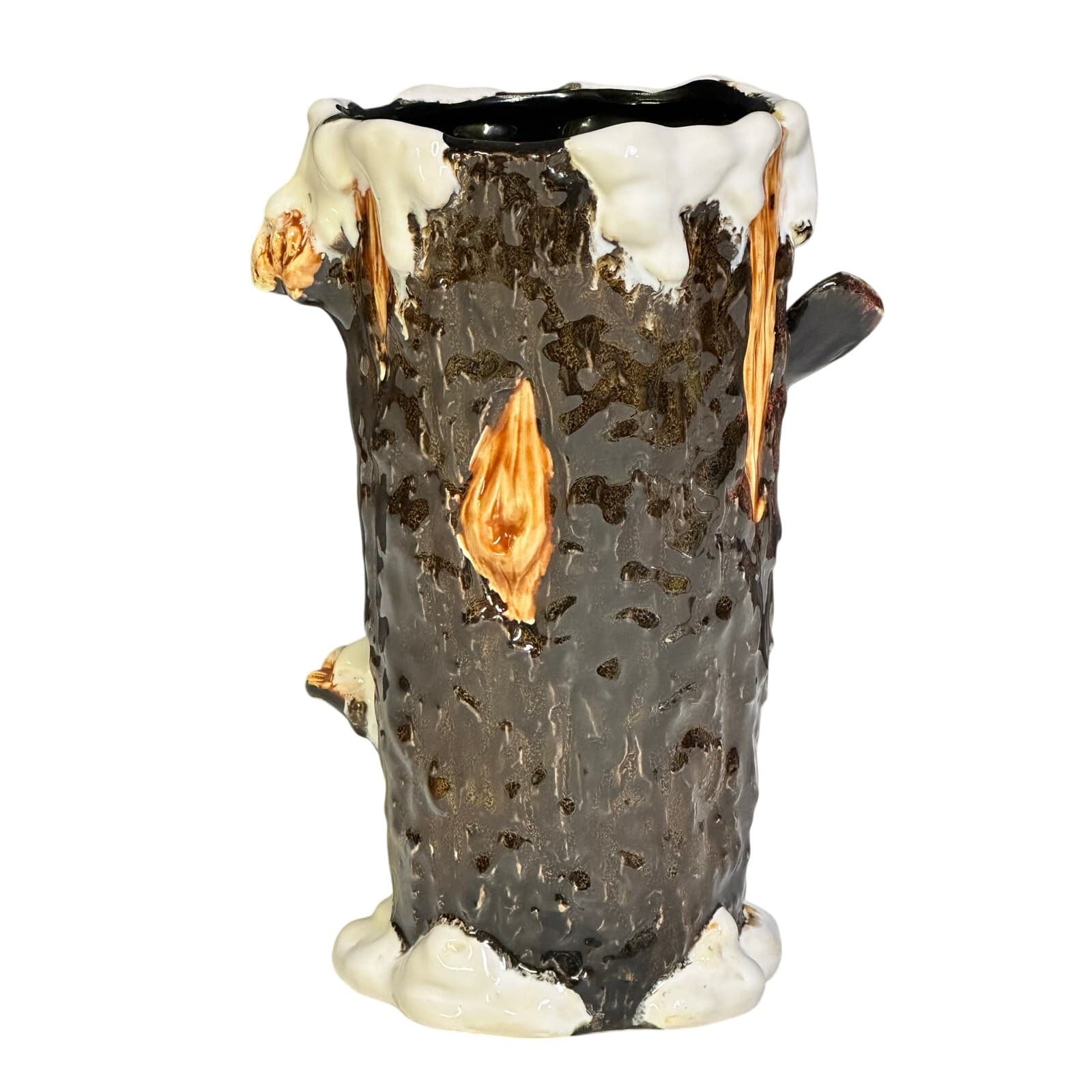 Christmas Tree Stump Ceramic 8" Vase Featuring Cardinals Berries Pinecones Snow - Thumbnail 3