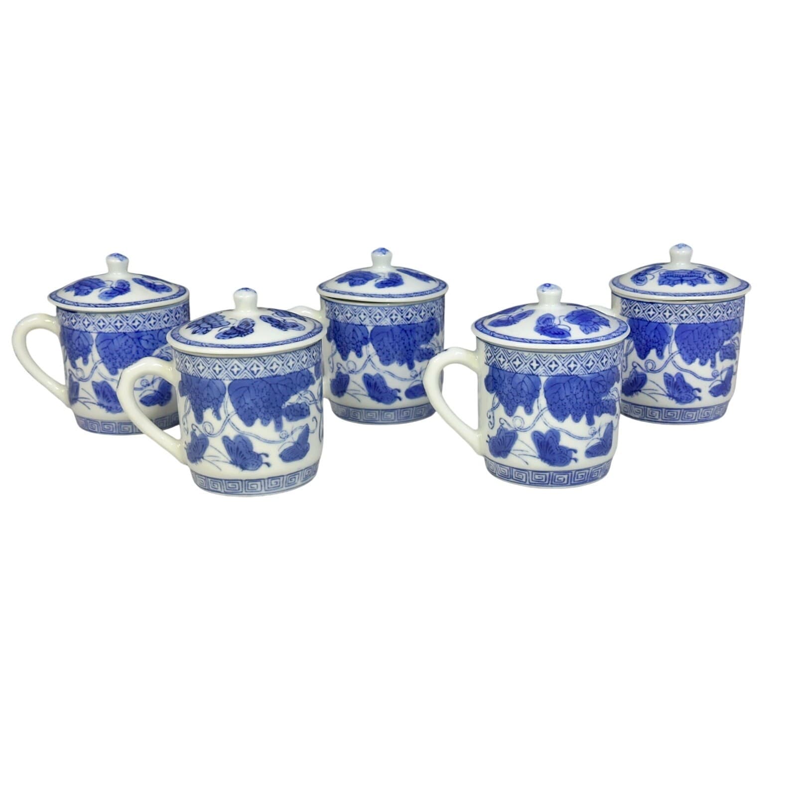 Chinoiserie Style Blue and White Butterfly/Strawberries Tea Mugs w/Lids-Set of 5 - Thumbnail 3