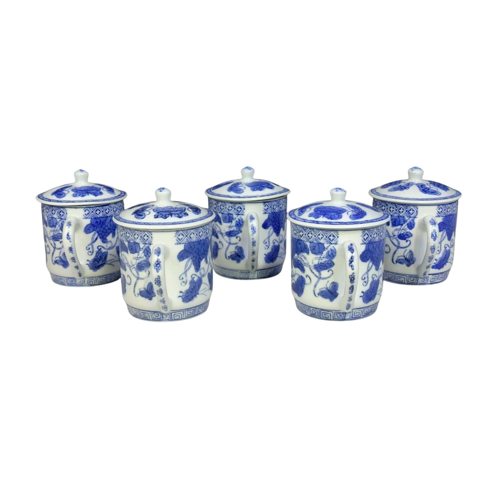 Chinoiserie Style Blue and White Butterfly/Strawberries Tea Mugs w/Lids-Set of 5 - Thumbnail 2