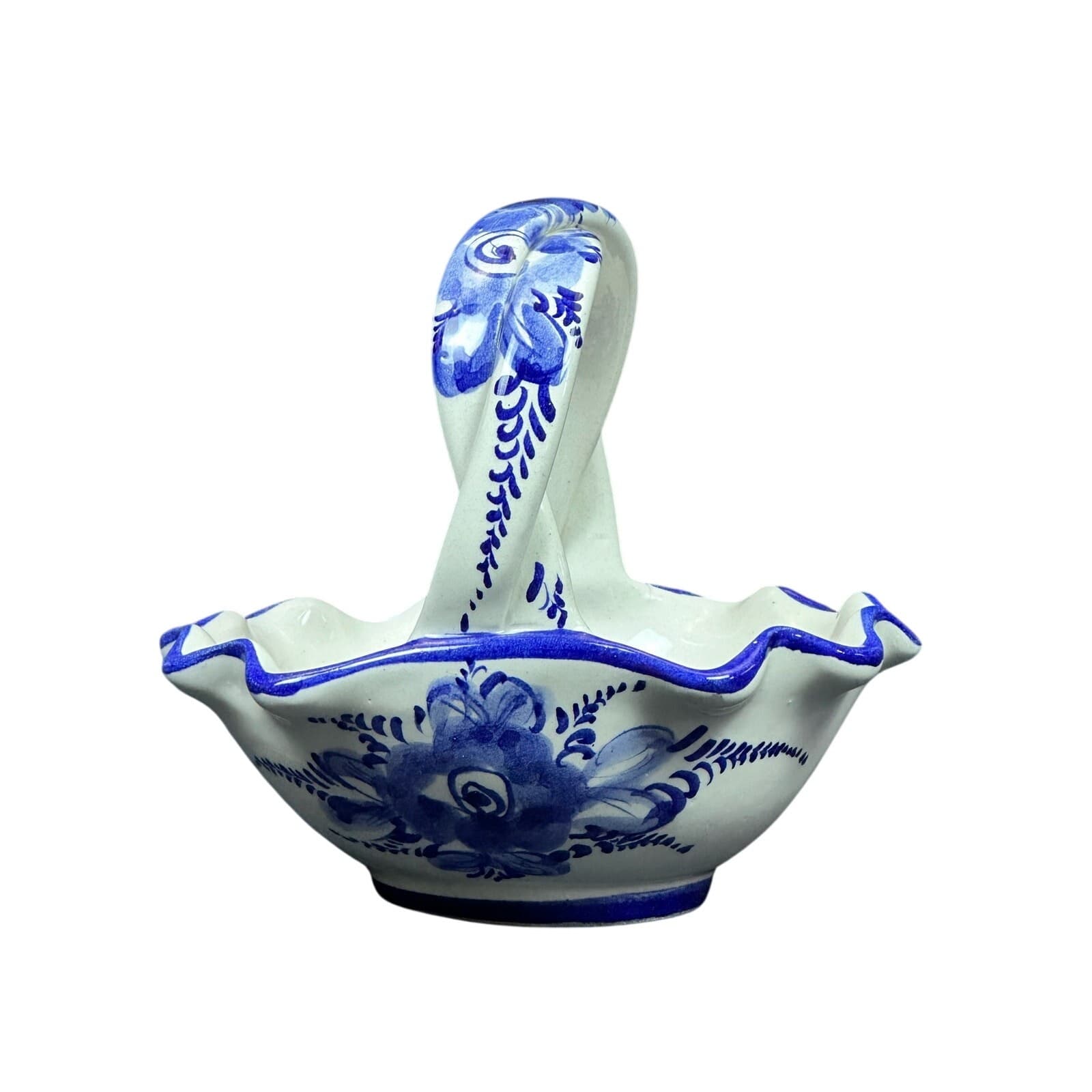 Portugal Art Pottery Vintage Blue and White Basket-6" - Thumbnail 6