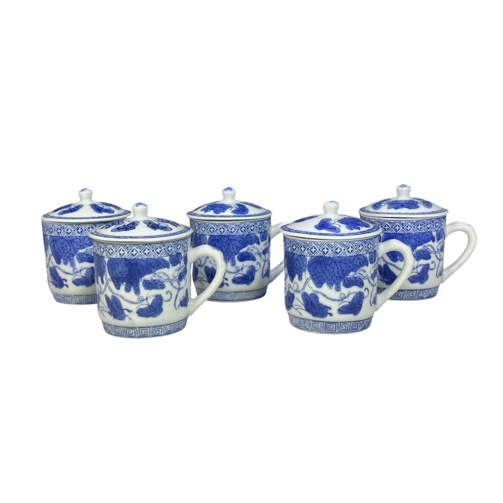 Chinoiserie Style Blue and White Butterfly/Strawberries Tea Mugs w/Lids-Set of 5