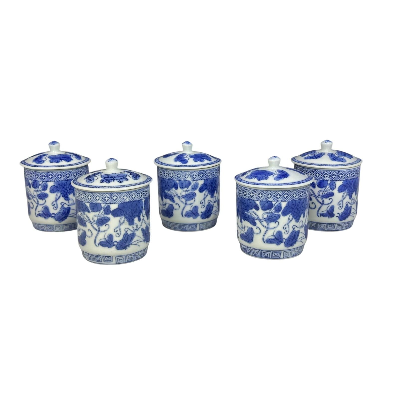 Chinoiserie Style Blue and White Butterfly/Strawberries Tea Mugs w/Lids-Set of 5 - Thumbnail 5
