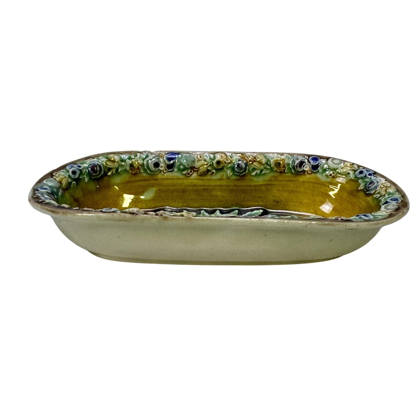 Wedgwood England Antique Late 1800's Majolica Small Oval Dish Floral Motifs-Rare