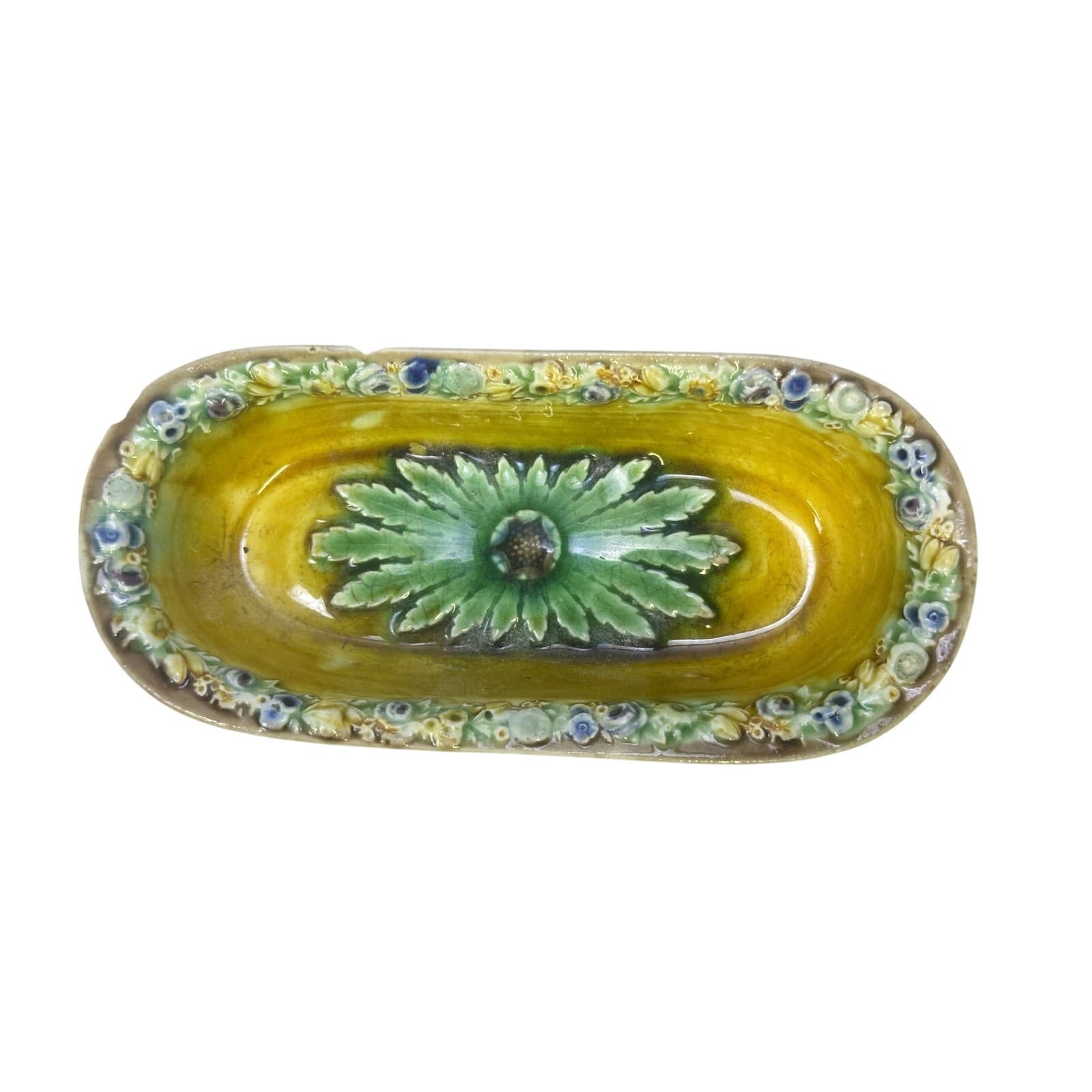 Wedgwood England Antique Late 1800's Majolica Small Oval Dish Floral Motifs-Rare - Thumbnail 2