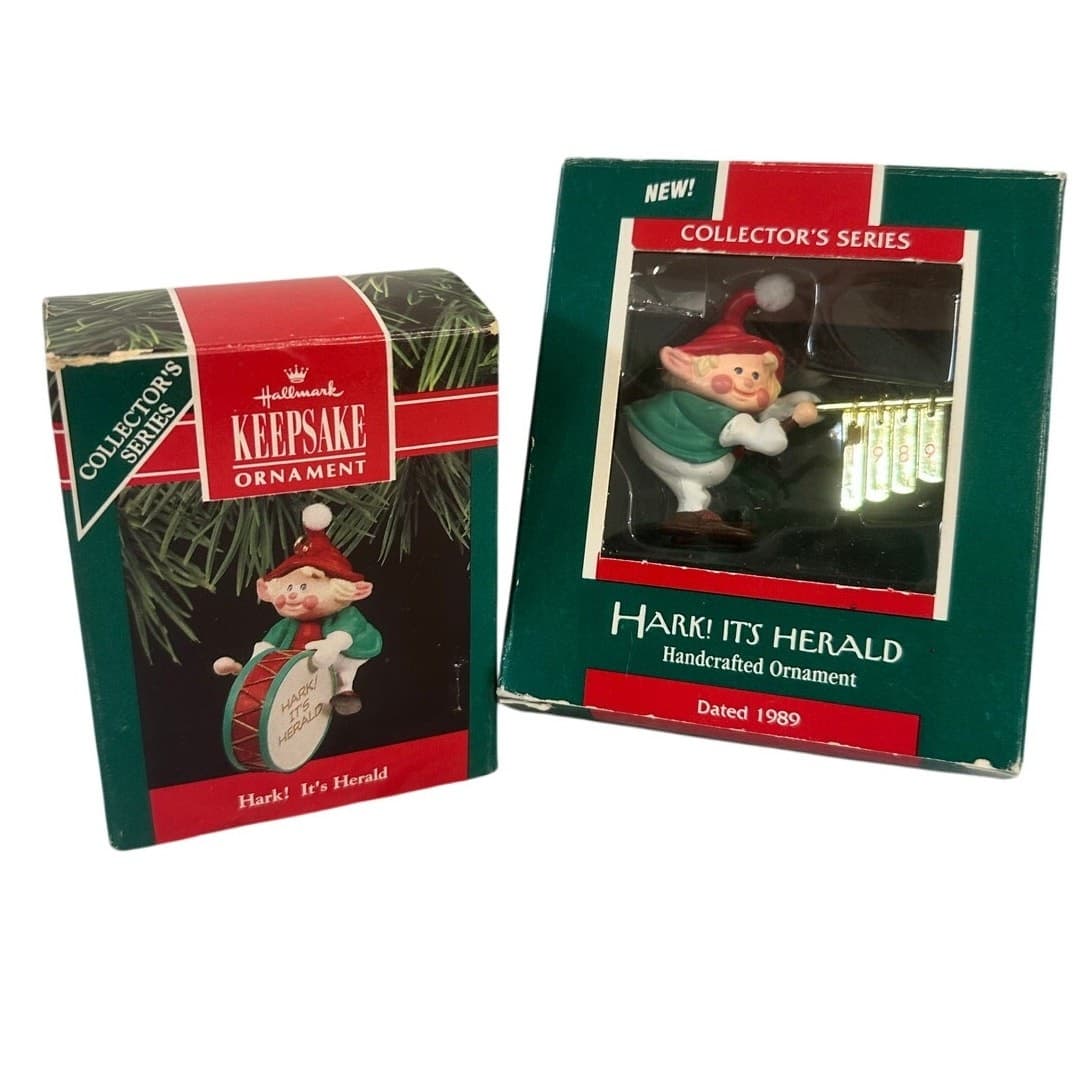 Hallmark 'Hark It's Herald' Series Elf 1989 & 1990 Vintage Christmas Ornaments - Thumbnail 2