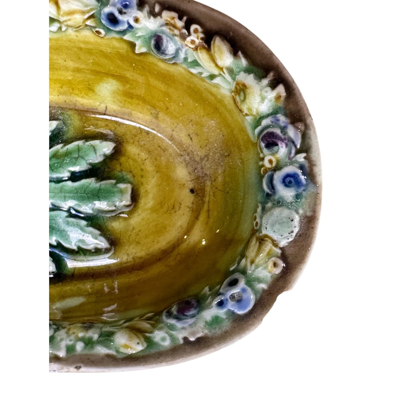 Wedgwood England Antique Late 1800's Majolica Small Oval Dish Floral Motifs-Rare - Thumbnail 4
