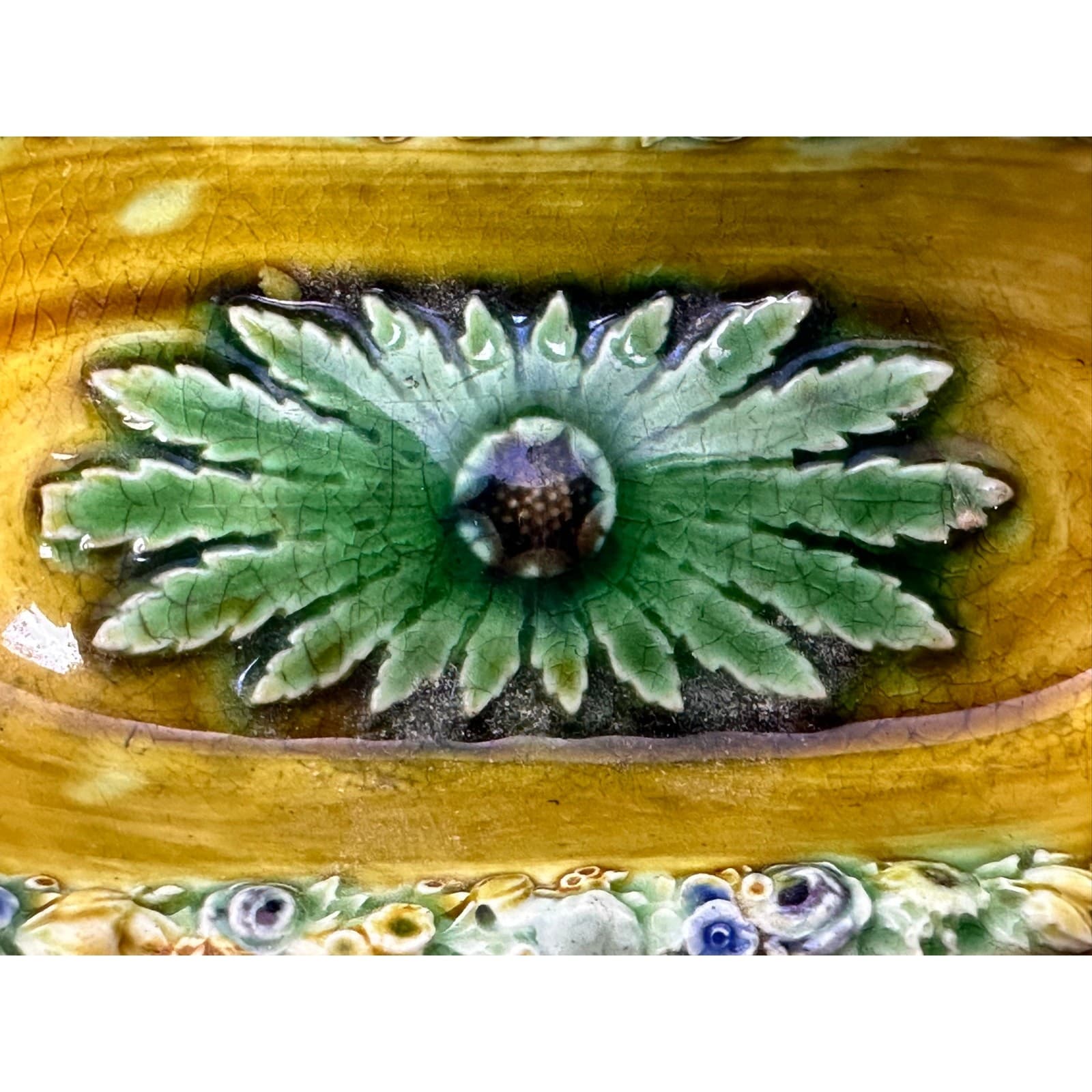 Wedgwood England Antique Late 1800's Majolica Small Oval Dish Floral Motifs-Rare - Thumbnail 3
