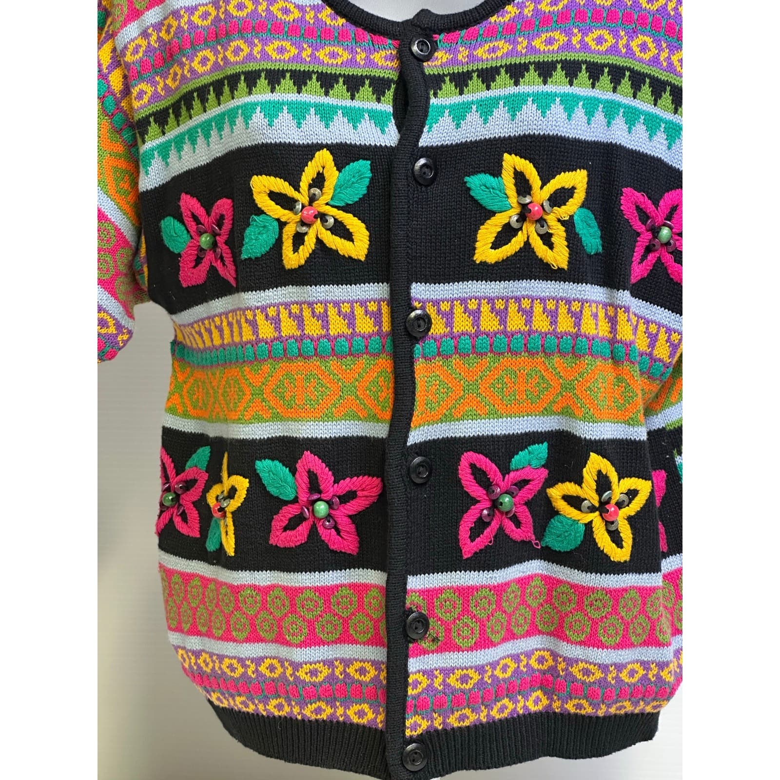 LizWear Vintage 1990's Knit Cotton Floral Embroidered Short Sleeve Cardigan-S - Thumbnail 5