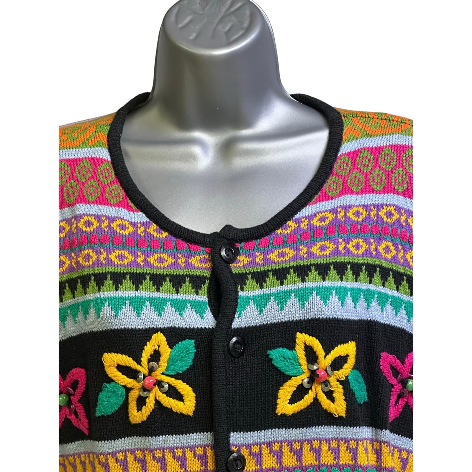 LizWear Vintage 1990's Knit Cotton Floral Embroidered Short Sleeve Cardigan-S - Thumbnail 2