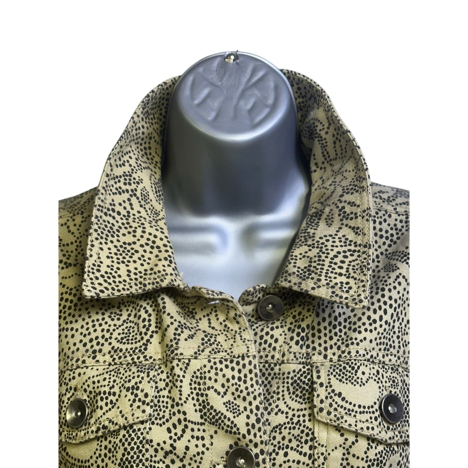 Christopher & Banks Khaki & Black Print Denim Jean Jacket Metal Rivet Buttons-M - Thumbnail 10