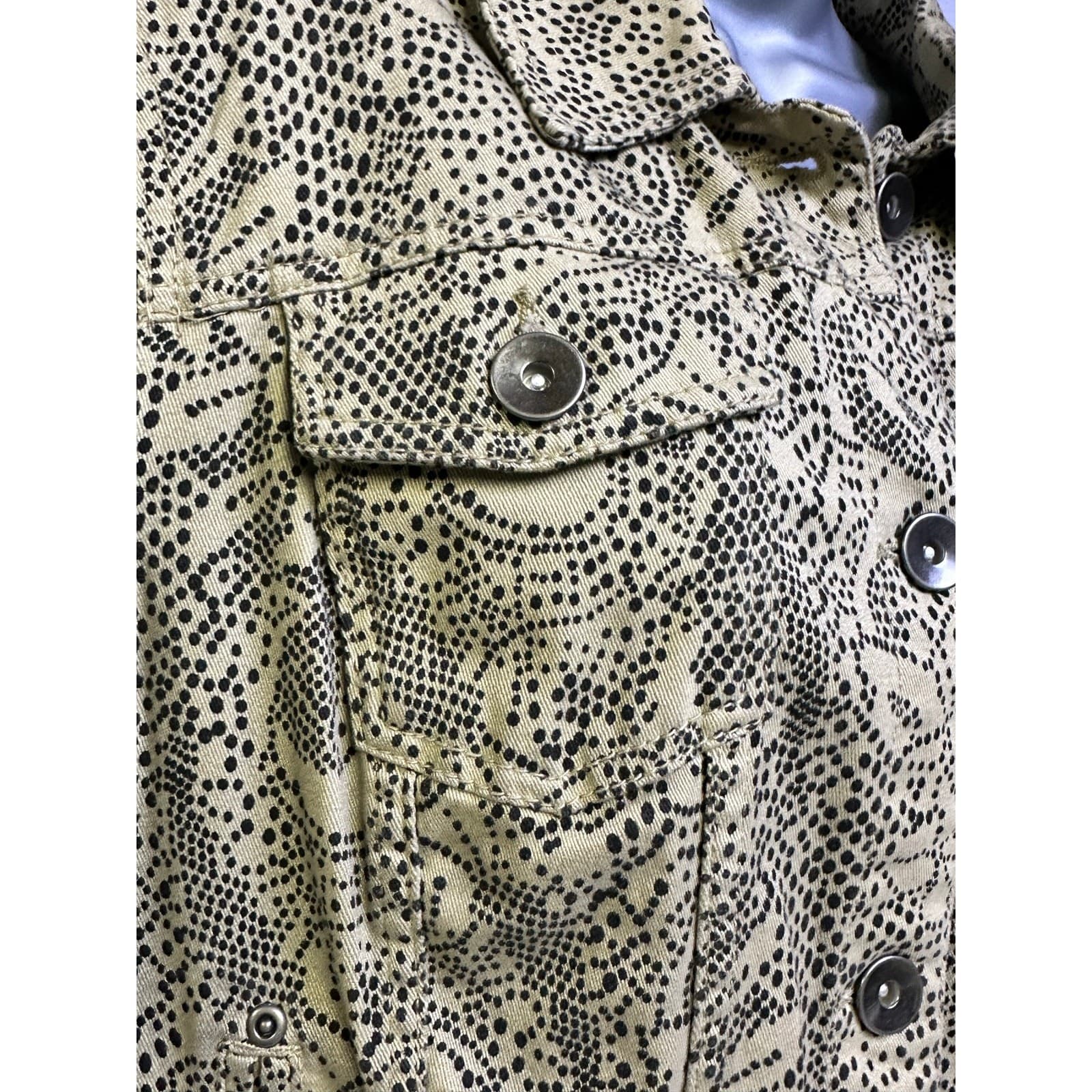 Christopher & Banks Khaki & Black Print Denim Jean Jacket Metal Rivet Buttons-M - Thumbnail 6