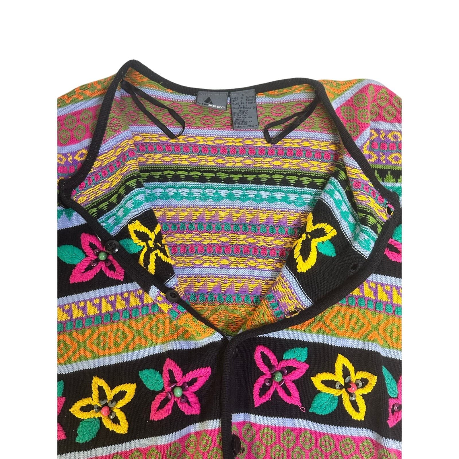 LizWear Vintage 1990's Knit Cotton Floral Embroidered Short Sleeve Cardigan-S - Thumbnail 10