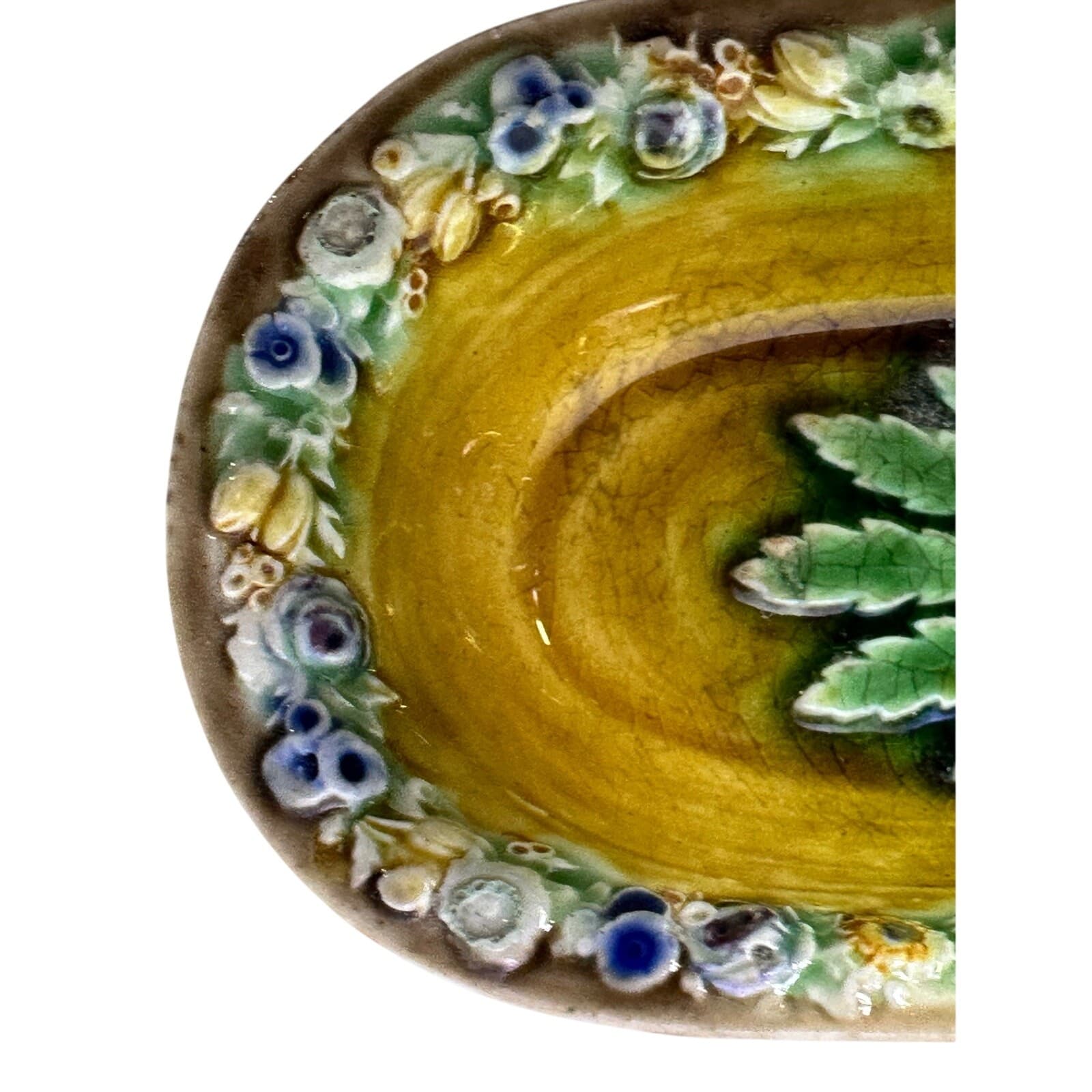Wedgwood England Antique Late 1800's Majolica Small Oval Dish Floral Motifs-Rare - Thumbnail 5