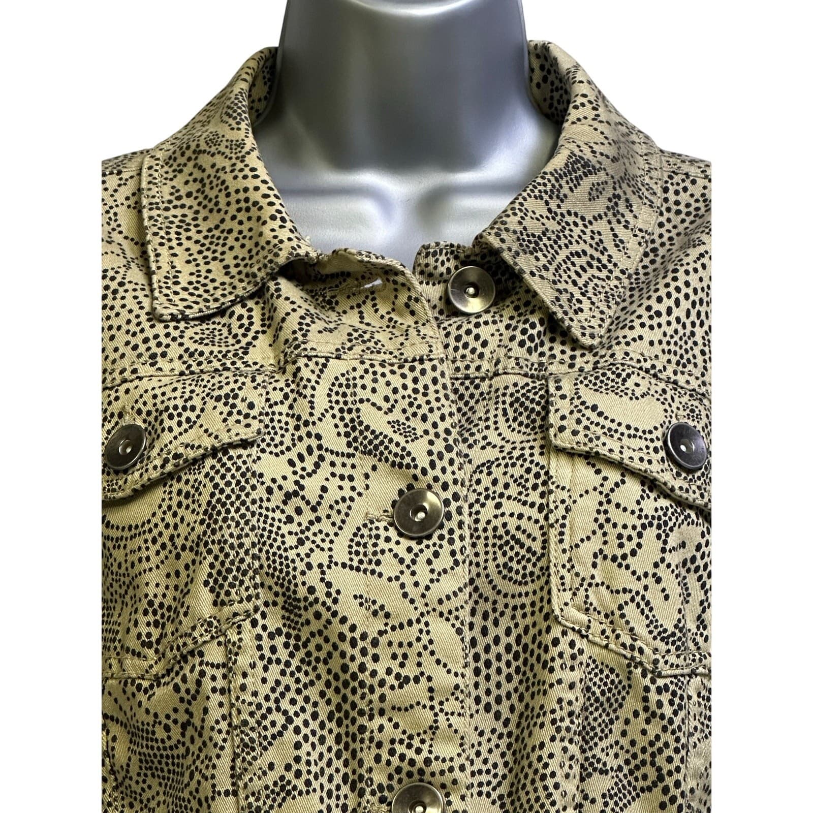 Christopher & Banks Khaki & Black Print Denim Jean Jacket Metal Rivet Buttons-M - Thumbnail 2