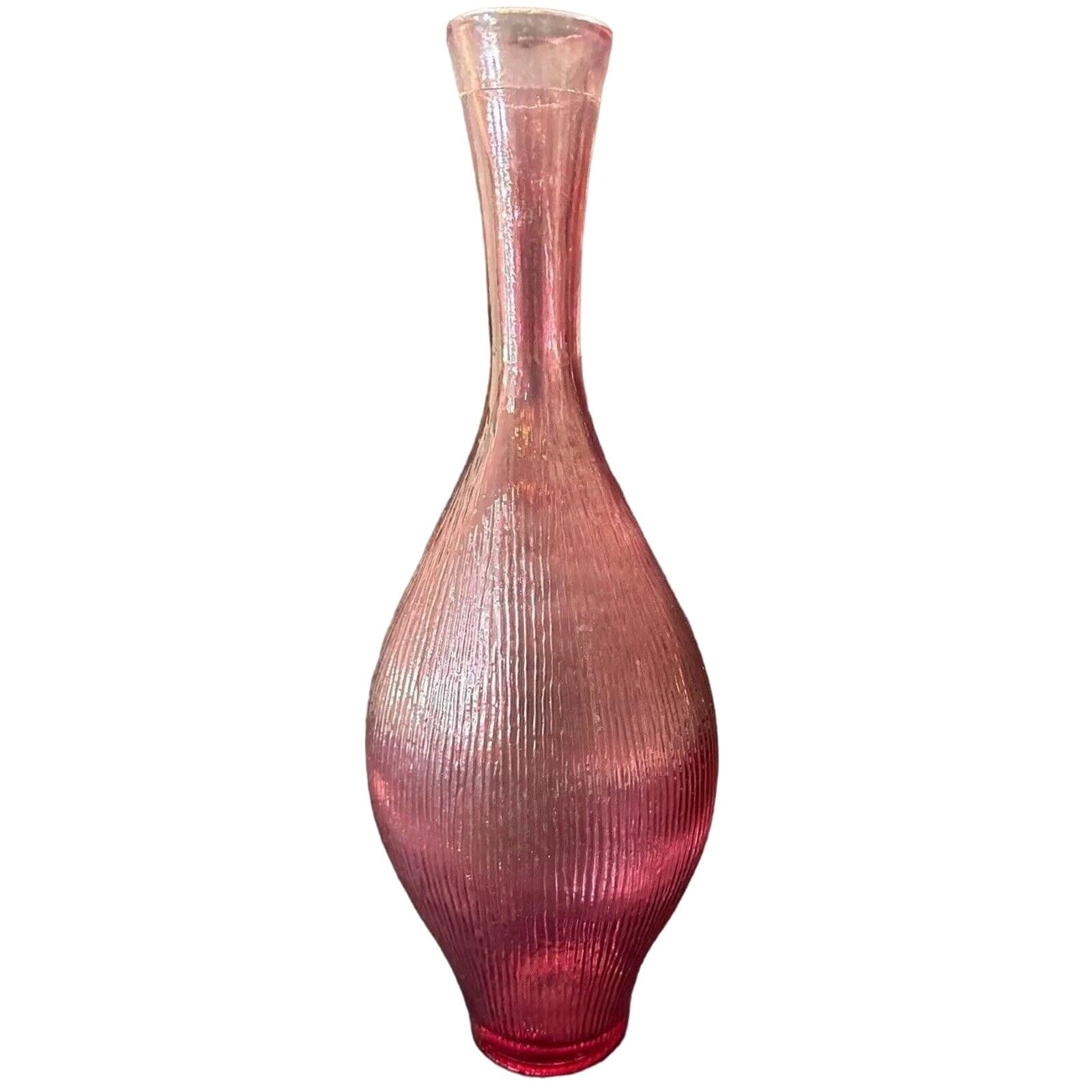 Eastern Art Glass Clear Pink Vase Raised Line Pattern Gooseneck Vase 15.75"
