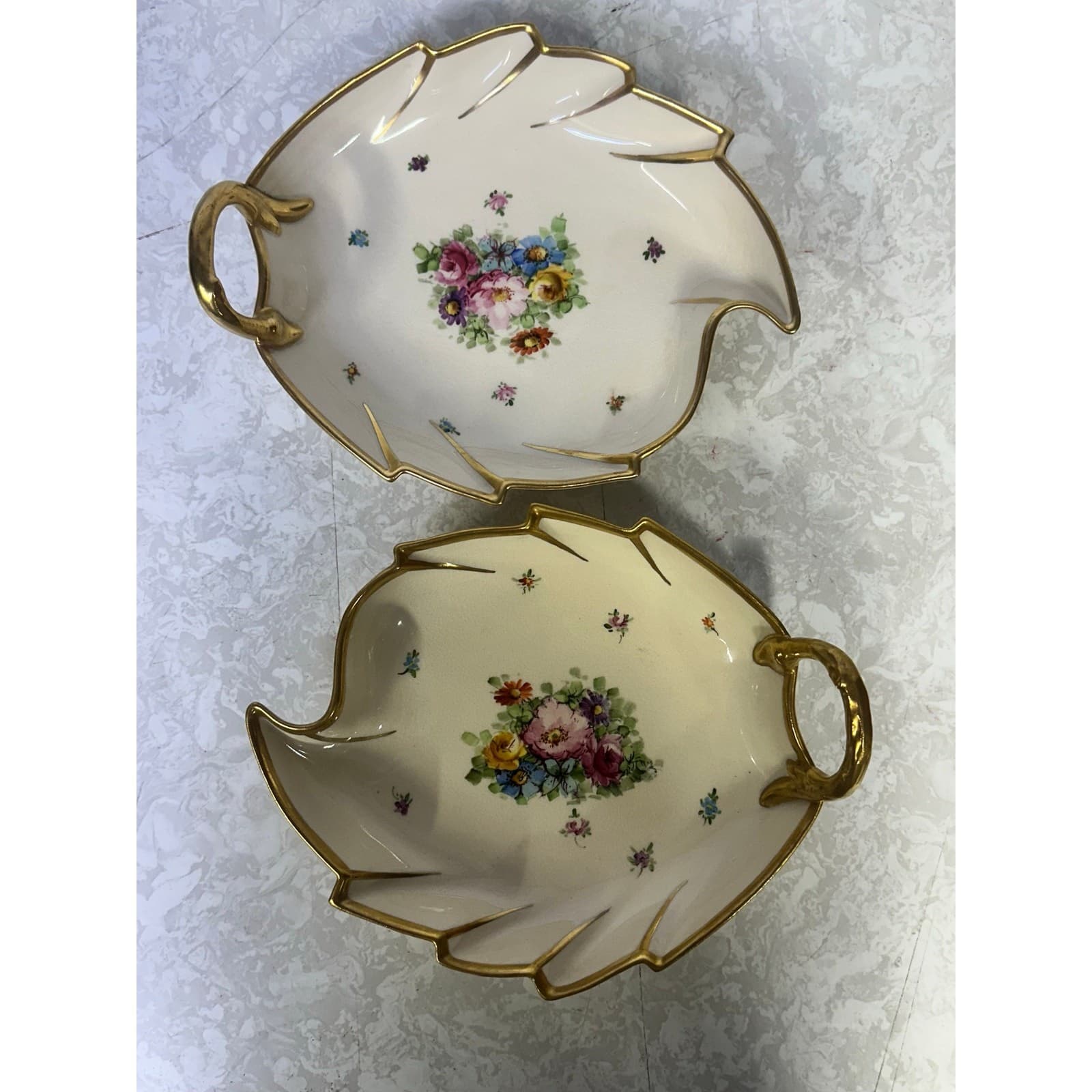 Mid Century Leaf Shaped Floral Gilt Accented Candy or Trinket Dishes-Set of Two - Thumbnail 2