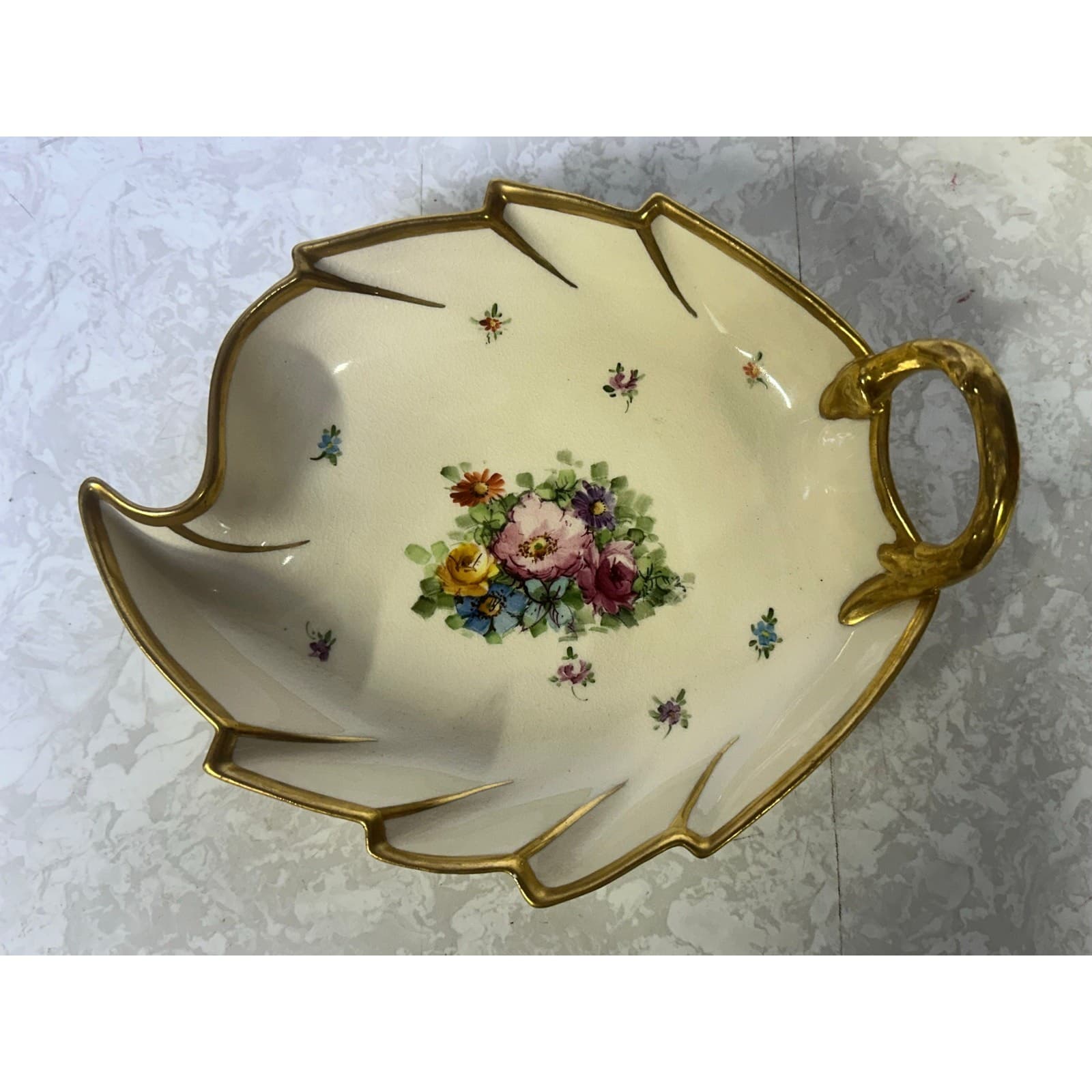 Mid Century Leaf Shaped Floral Gilt Accented Candy or Trinket Dishes-Set of Two - Thumbnail 3