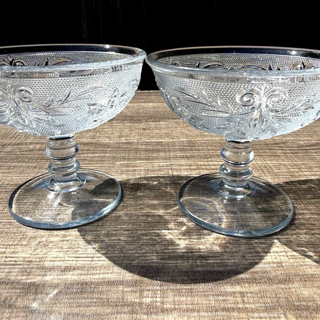 Set of 2 Vintage Pressed Glass Snack Sets Plate & Dessert Bowl Floral Hobnail - Thumbnail 2