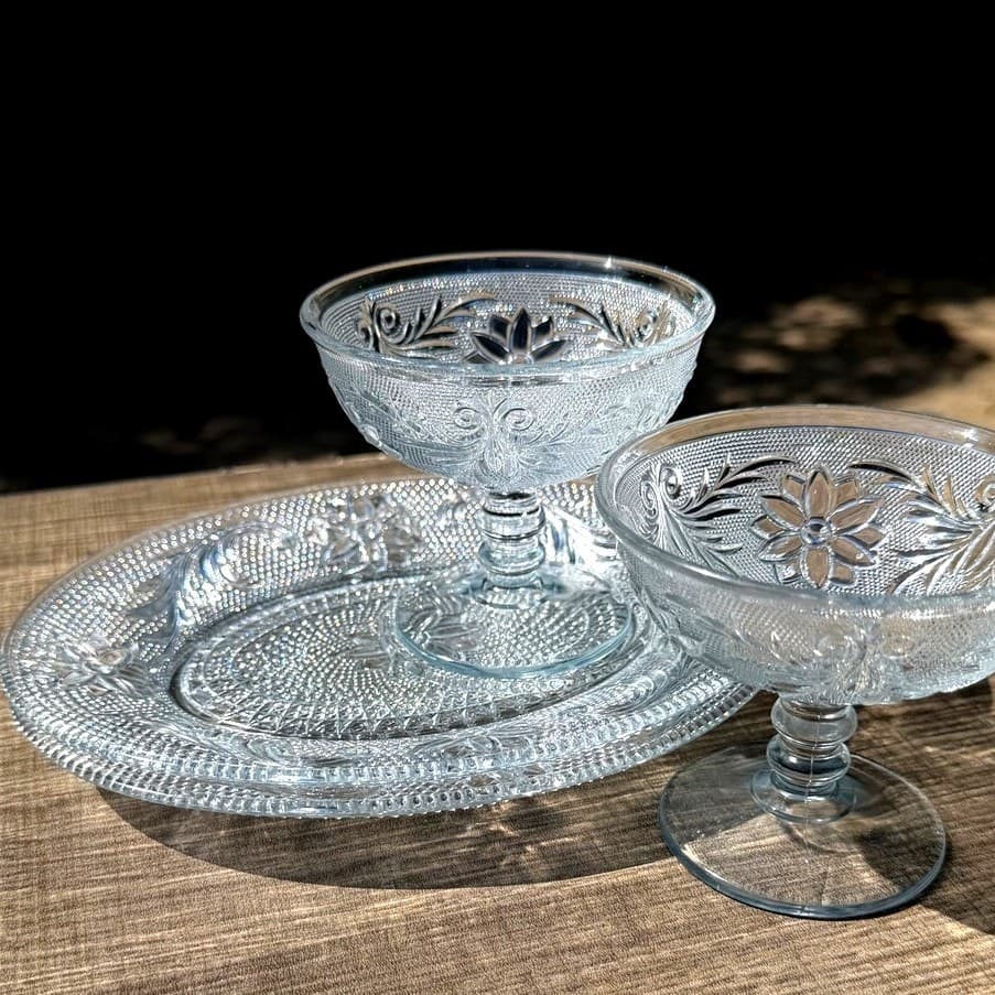 Set of 2 Vintage Pressed Glass Snack Sets Plate & Dessert Bowl Floral Hobnail - Thumbnail 3
