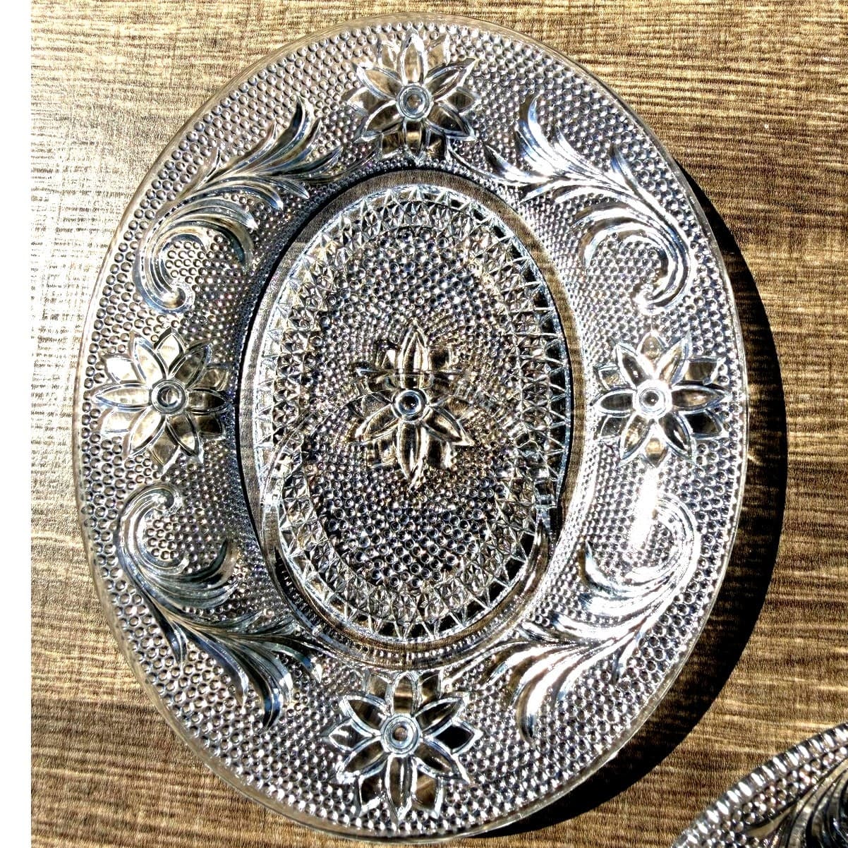 Set of 2 Vintage Pressed Glass Snack Sets Plate & Dessert Bowl Floral Hobnail - Thumbnail 7