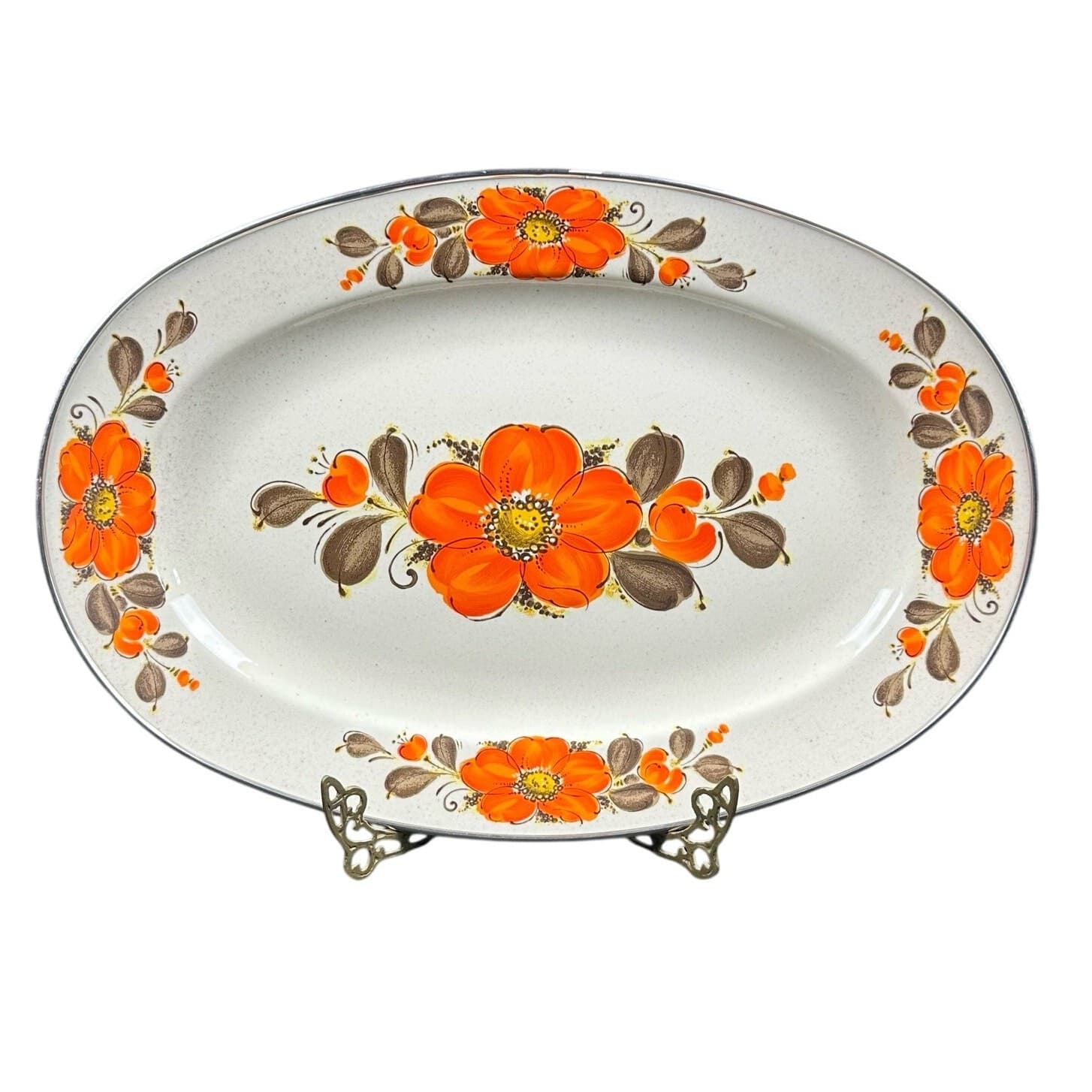 Japan Sanko Ware Show Pans Large 18" Metal Platter Orange Poppies