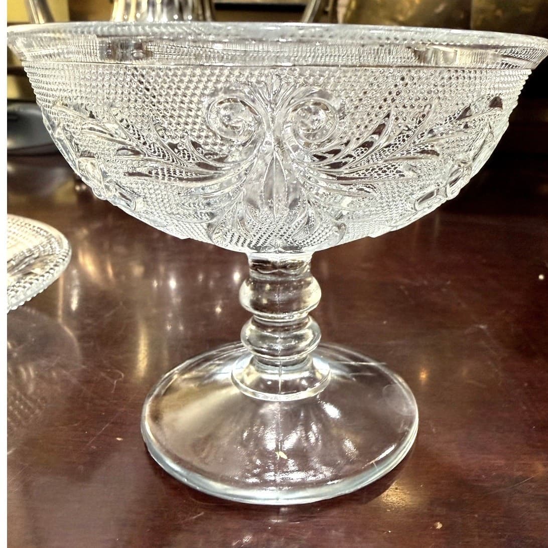 Set of 2 Vintage Pressed Glass Snack Sets Plate & Dessert Bowl Floral Hobnail - Thumbnail 4
