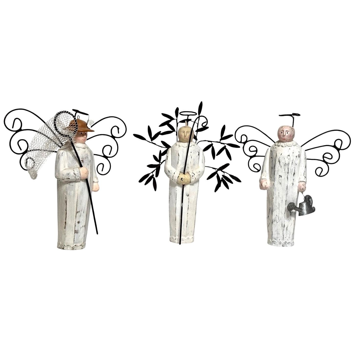 "Gardening Angels" Wooden Figurines Metal Wings 6" Tall-Adorable-Set of 3