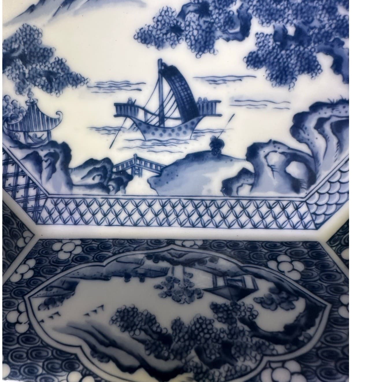 Japanese Satsuma Rectangular Platter 12" Serving Dish Blue White-Excellent - Thumbnail 8