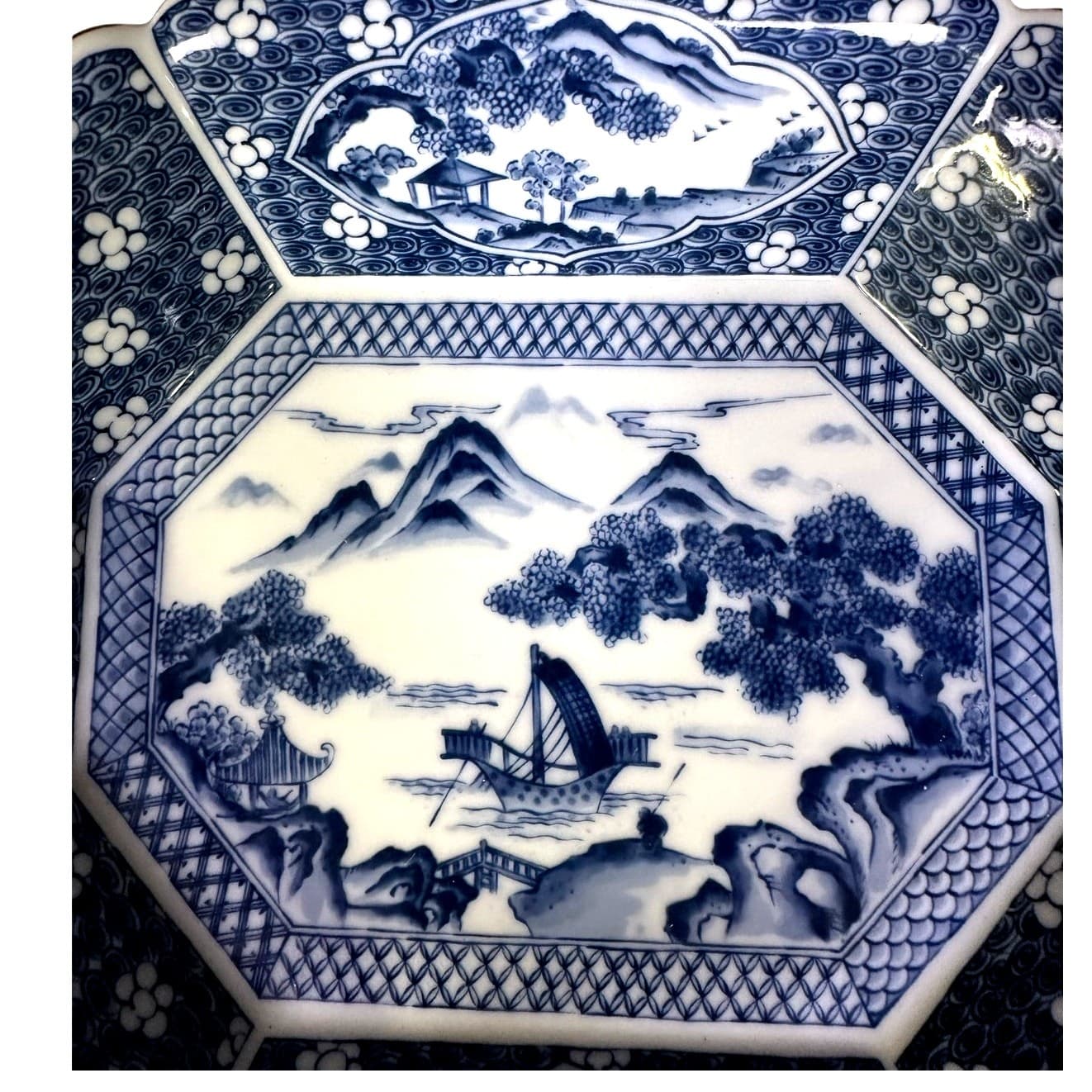 Japanese Satsuma Rectangular Platter 12" Serving Dish Blue White-Excellent - Thumbnail 9