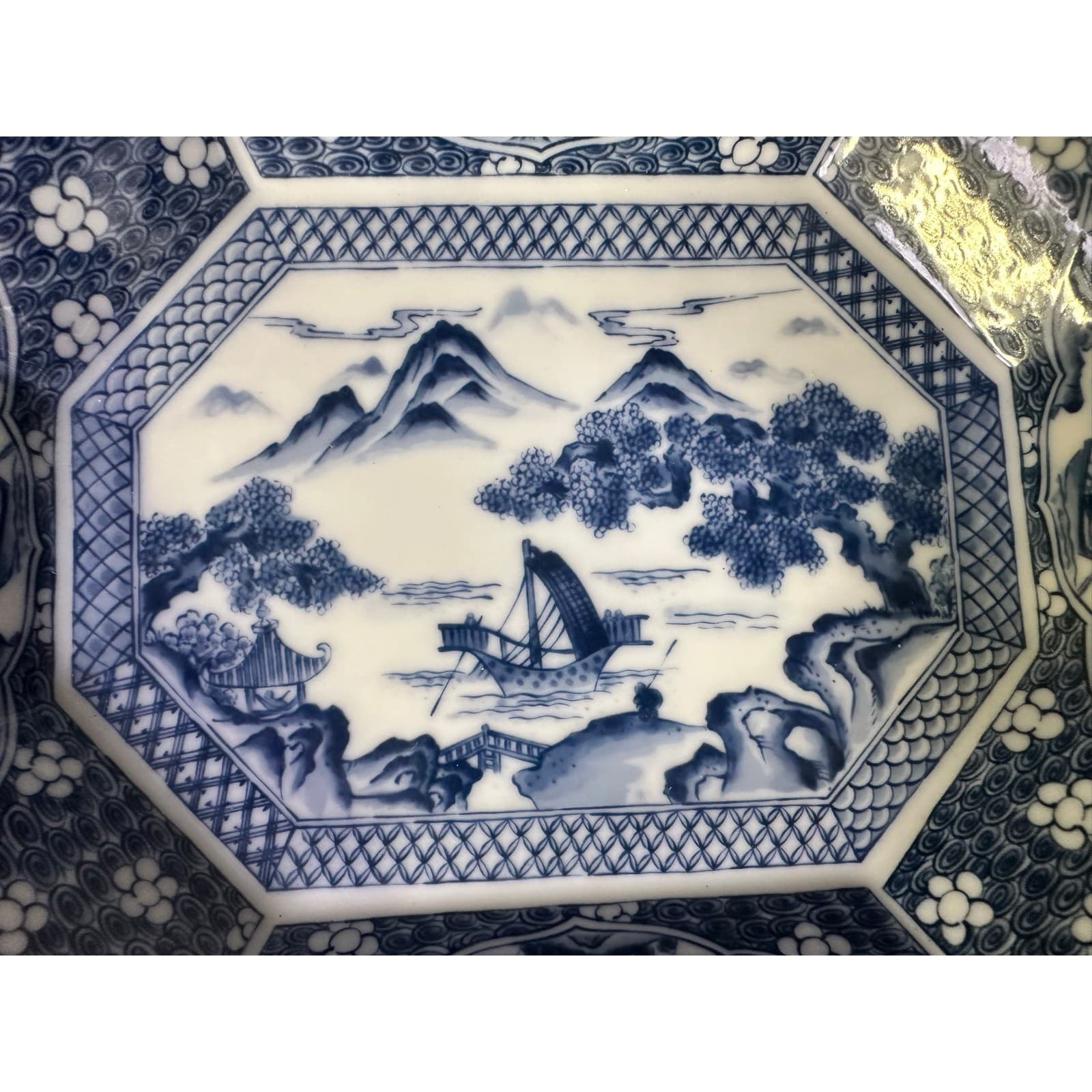 Japanese Satsuma Rectangular Platter 12" Serving Dish Blue White-Excellent - Thumbnail 6