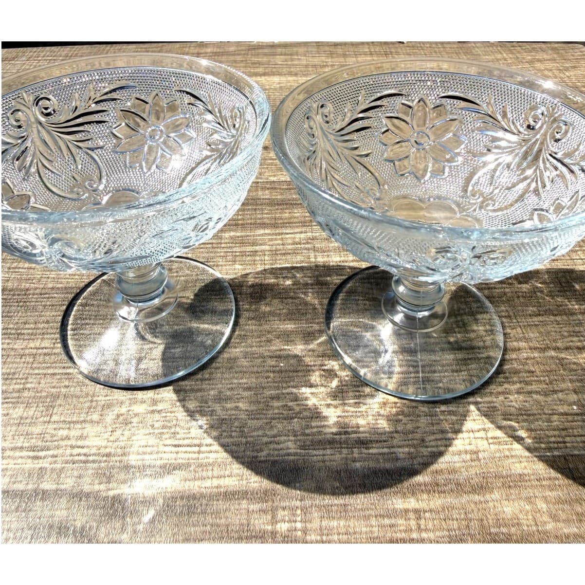 Set of 2 Vintage Pressed Glass Snack Sets Plate & Dessert Bowl Floral Hobnail - Thumbnail 5