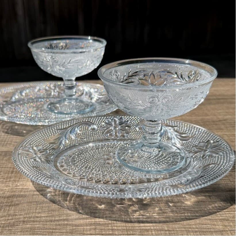 Set of 2 Vintage Pressed Glass Snack Sets Plate & Dessert Bowl Floral Hobnail