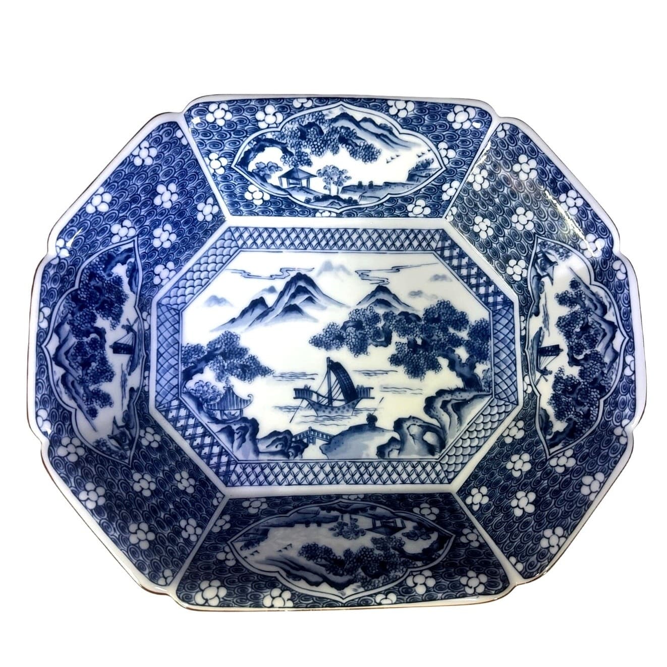 Japanese Satsuma Rectangular Platter 12" Serving Dish Blue White-Excellent