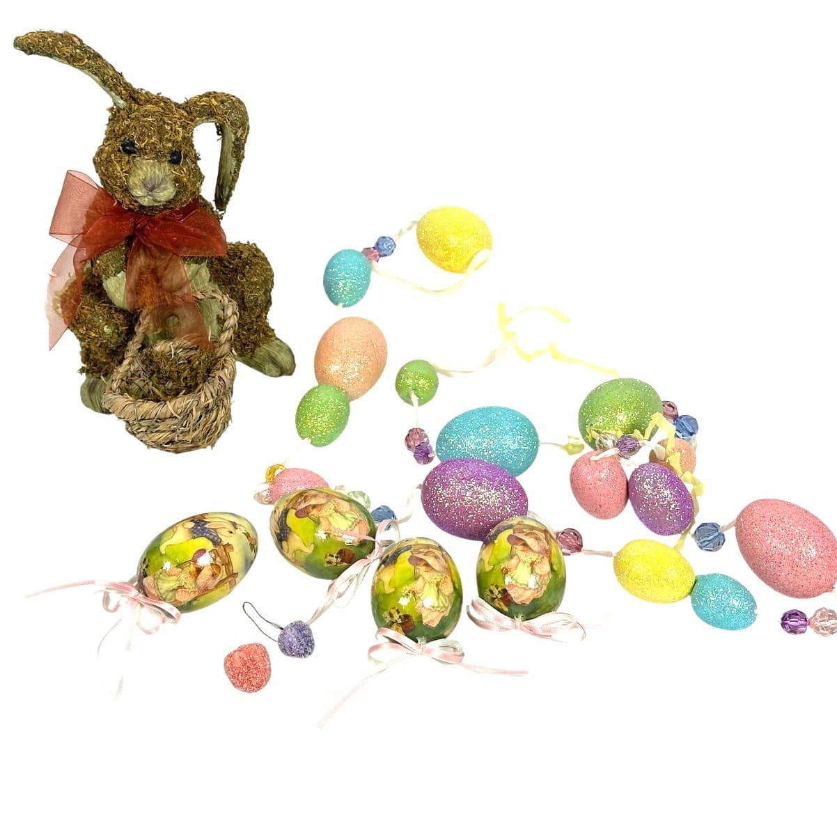 Mossy Brown Easter Bunny w/Basket, 4.5' Easter Egg Garland and Four Easter Eggs! - Thumbnail 2