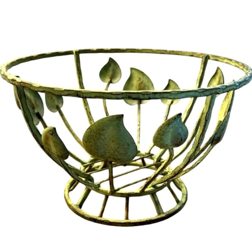 Unique Rustic Green Metal Fruit Basket Bowl w/Leaves-Indoor or Out on the Patio! - Thumbnail 2