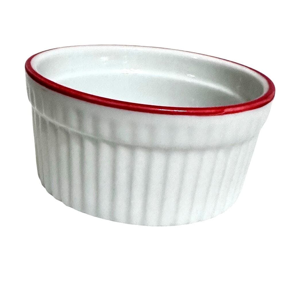 World Market White Ceramic Ribbed Ramekins Red Rim-Set of 7-Excellent! - Thumbnail 3