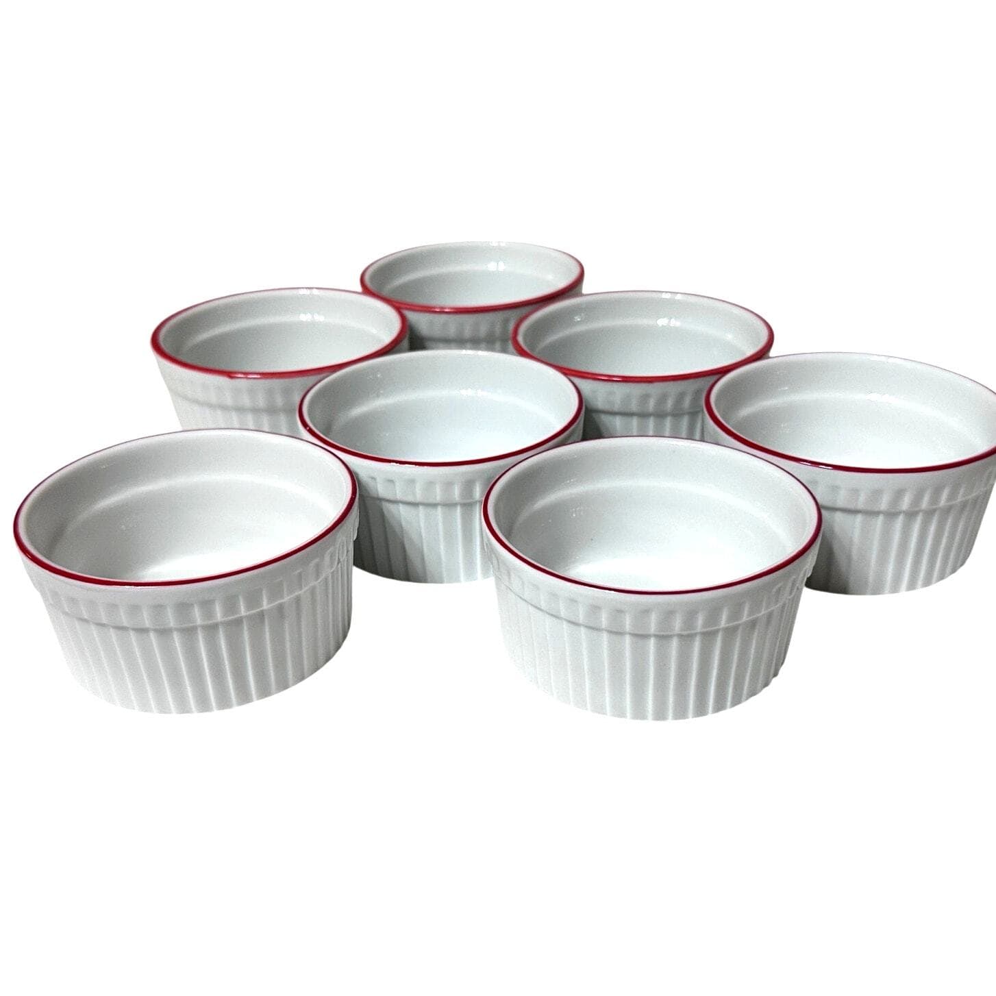 World Market White Ceramic Ribbed Ramekins Red Rim-Set of 7-Excellent! - Thumbnail 2