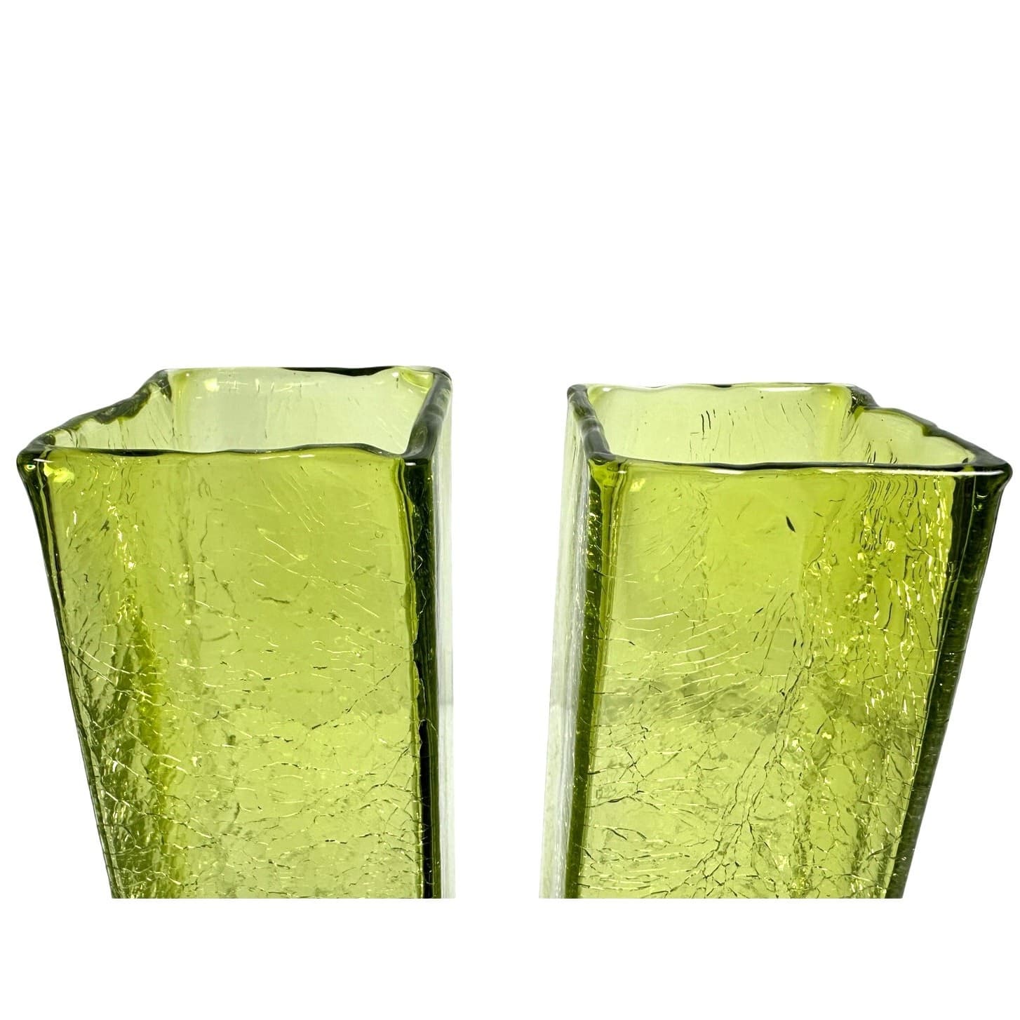 Art Glass MCM Pale Yellow Green Crackle Glass Rectangular 10" Vintage Vases-Pair - Thumbnail 3