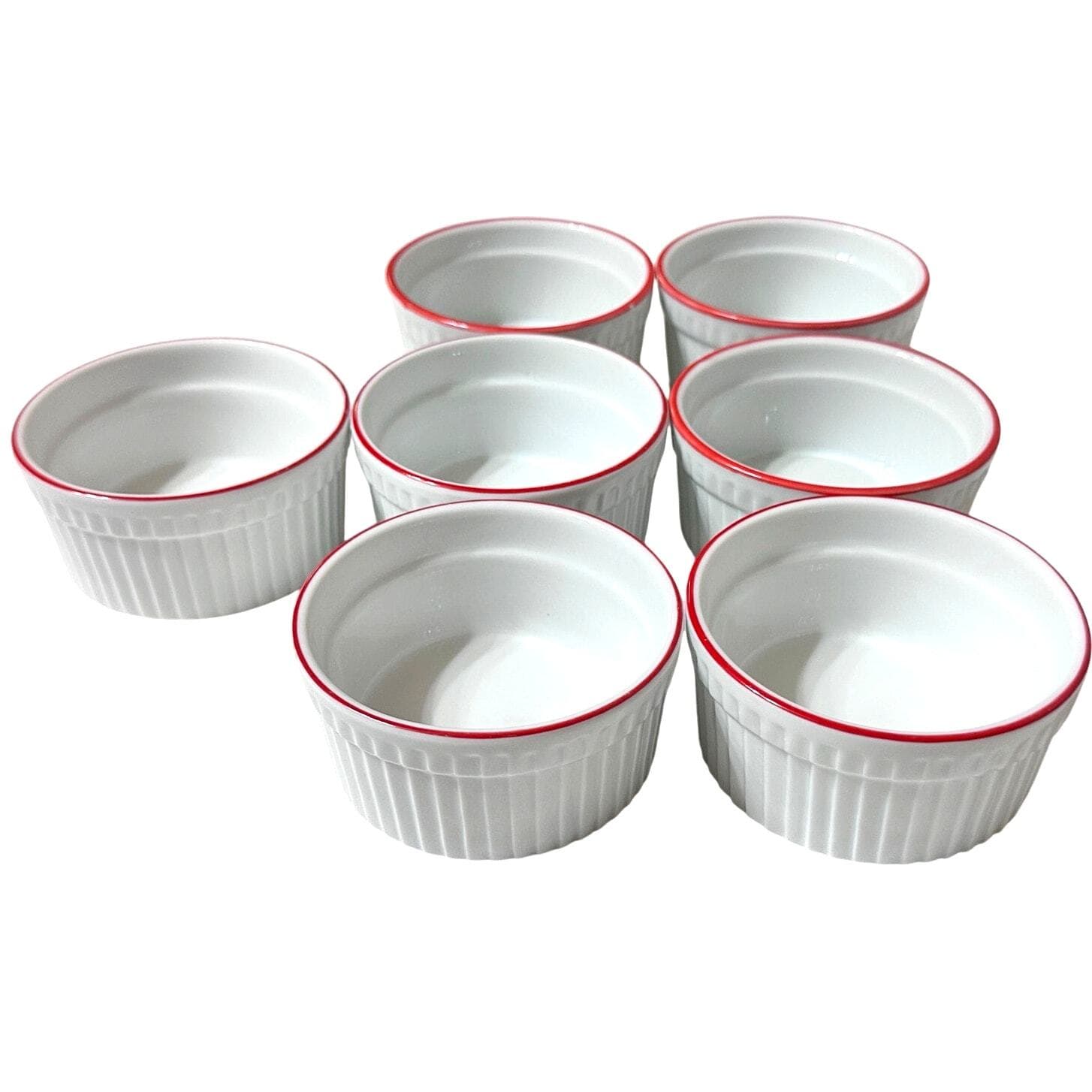 World Market White Ceramic Ribbed Ramekins Red Rim-Set of 7-Excellent! - Thumbnail 4