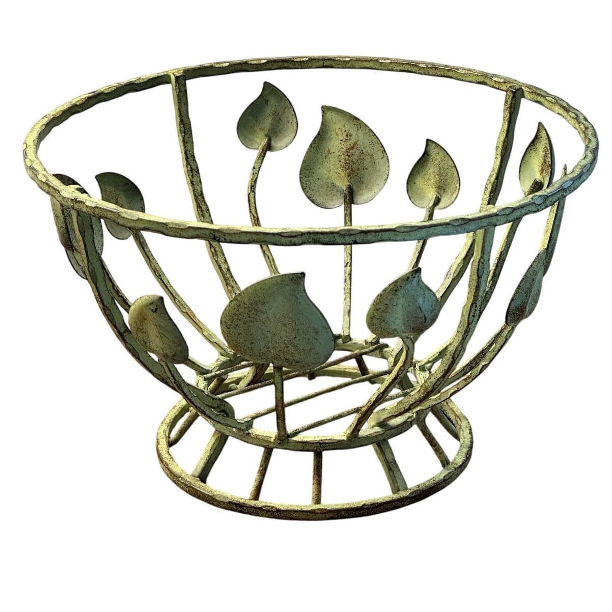 Unique Rustic Green Metal Fruit Basket Bowl w/Leaves-Indoor or Out on the Patio! - Thumbnail 3