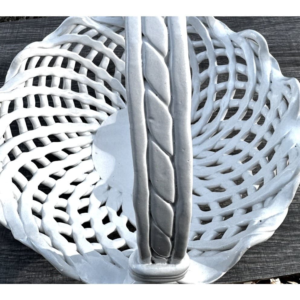 Ceramic Woven White Lattice Ruffle Top Large Handled 13" Centerpiece Basket - Thumbnail 2