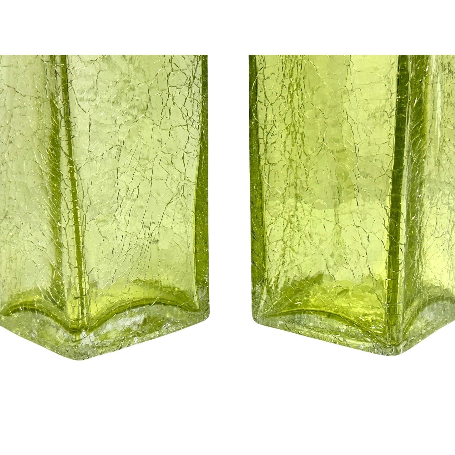 Art Glass MCM Pale Yellow Green Crackle Glass Rectangular 10" Vintage Vases-Pair - Thumbnail 2
