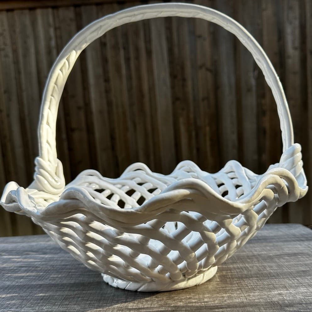 Ceramic Woven White Lattice Ruffle Top Large Handled 13" Centerpiece Basket - Thumbnail 12