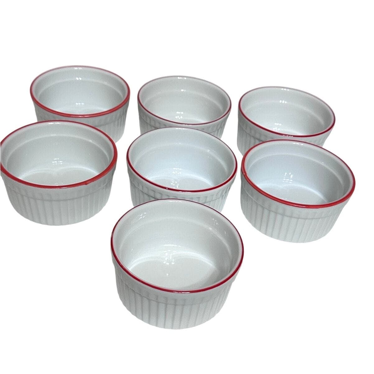 World Market White Ceramic Ribbed Ramekins Red Rim-Set of 7-Excellent! - Thumbnail 6