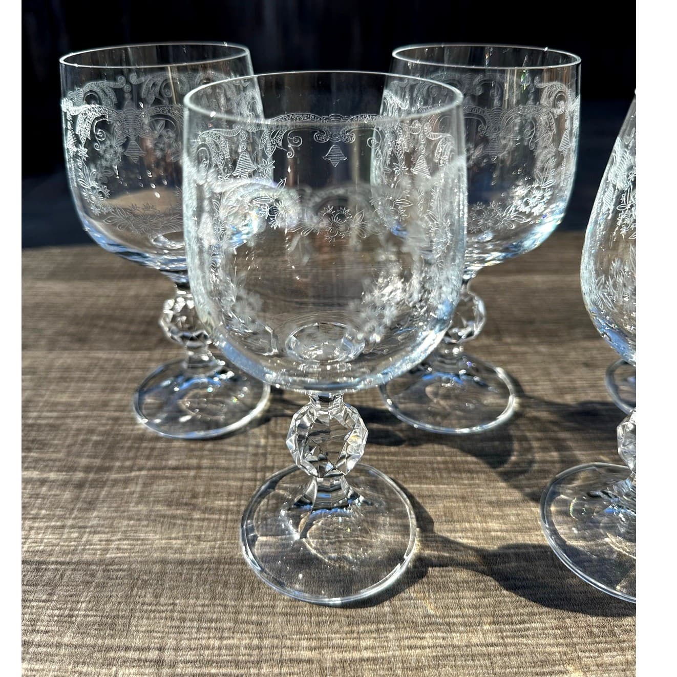 Bohemia Crystal 'Cascade Bell' Etched 5.75" Wine Glasses Cut Ball Stem- Set of 5 - Thumbnail 5