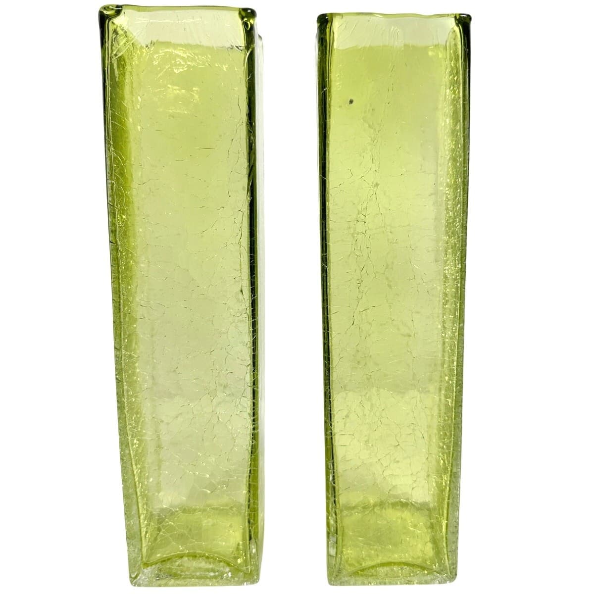 Art Glass MCM Pale Yellow Green Crackle Glass Rectangular 10" Vintage Vases-Pair - Thumbnail 5